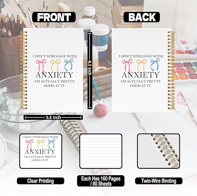 Coquette Bow Mental Health Spiral Notebook, Inspirational Journaling Notebooks for Women, Anxiety Relief Hardcover Journals for Office 160 Pages 5.5 x 8.3 Inch, Anti Anxiety Gifts for Girls