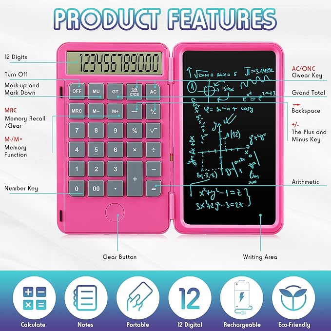 Hion Calculator,12-Digit Large Display Office Desk Calcultors with Erasable Writing Table,Rechargeable Hand held Multi-Function Mute Pocket Desktop Calculator for Basic Financial Home School (Pink)