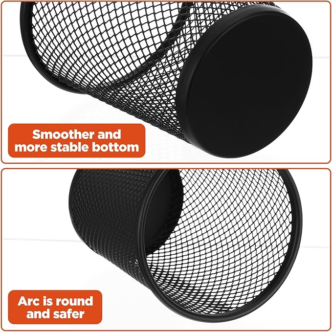 12 Pack Metal Mesh Pen Holder, Black Round Pencil Cup Organizer for Desk, Office, Classroom, 2.6"x3.5"x4.2" Size