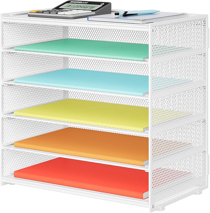 6 Tier Paper Organizer, Metal Mesh Desk File Folder, Letter Tray Organizer, Paper Sorter Desk Organizers for Office, Home or School File Folder Holder - White