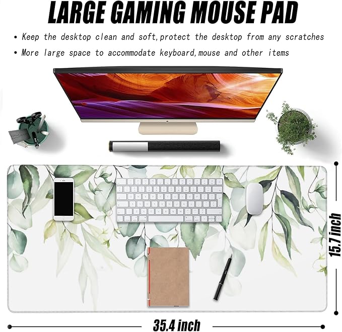 Large Gaming Mouse Pad for Desk, Watercolor Green Leaves and Branches Desk Mat for Desktop, Non-Slip Rubber Base Stitched Edges Long Computer Keyboard Mouse Mat Desk Pad for Home Office 35.4"X15.7"