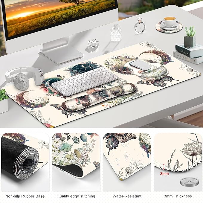 Large Desk Mat, Cute Boho Plants Mouse Pad, Apricot Desk Pad, XXL Mousepad + Keyboard Wrist Rest+Mouse Wrist Rest+Coaster Desk Pad for Girl Women Home Office Decor Aesthetics, Floar Butterfly Moon