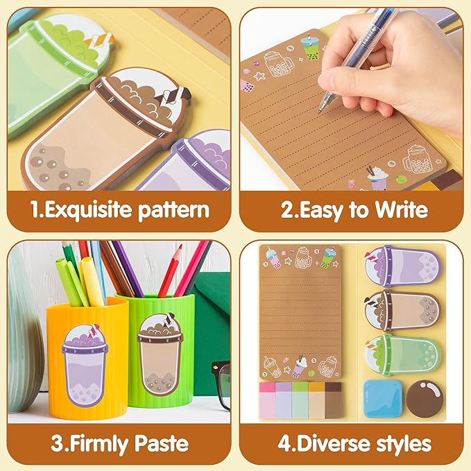 B1ykin Sticky Notes Set - Cartoon Theme Cute Self-Stick Notes Pad Teacher Appreciation Gifts， Self-Adhesive Writing Memo Pages Sticky to Do Notepad for Kids Employee School Office (Boba Tea)