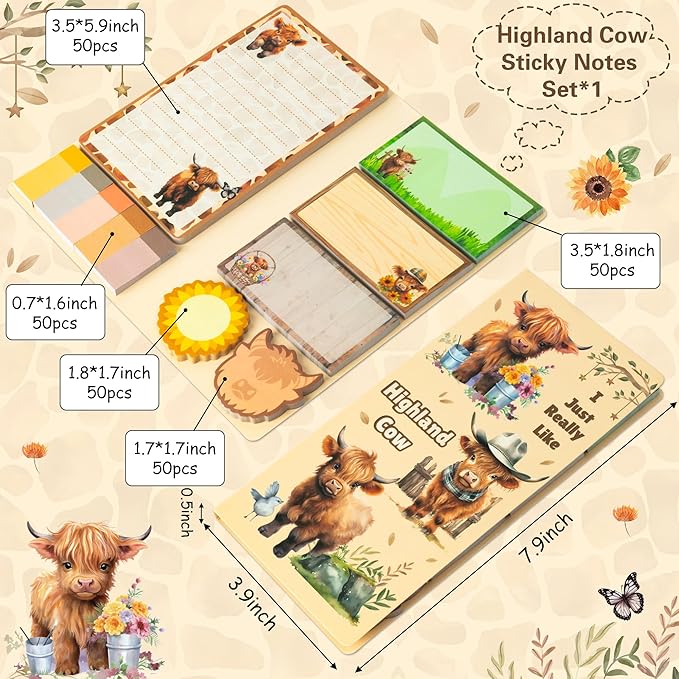 B1ykin Sticky Notes Set - Cartoon Theme Cute Self-Stick Notes Pad Teacher Appreciation Gifts， Self-Adhesive Writing Memo Pages Sticky to Do Notepad for Kids Employee School Office (Highland Cow)