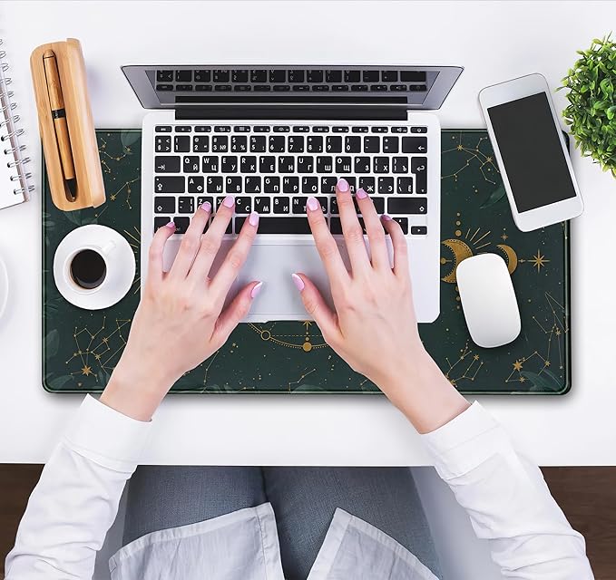 Dark Academia Mousepad Forest Green XXL Desk Mat Gold Moon Phases Large Extended Mouse Pad Gaming Laptop Keyboard and Mouse Mat Desk Pad, Non-Slip Rubber Base with Stitched Edges, 31.5x15.75 in