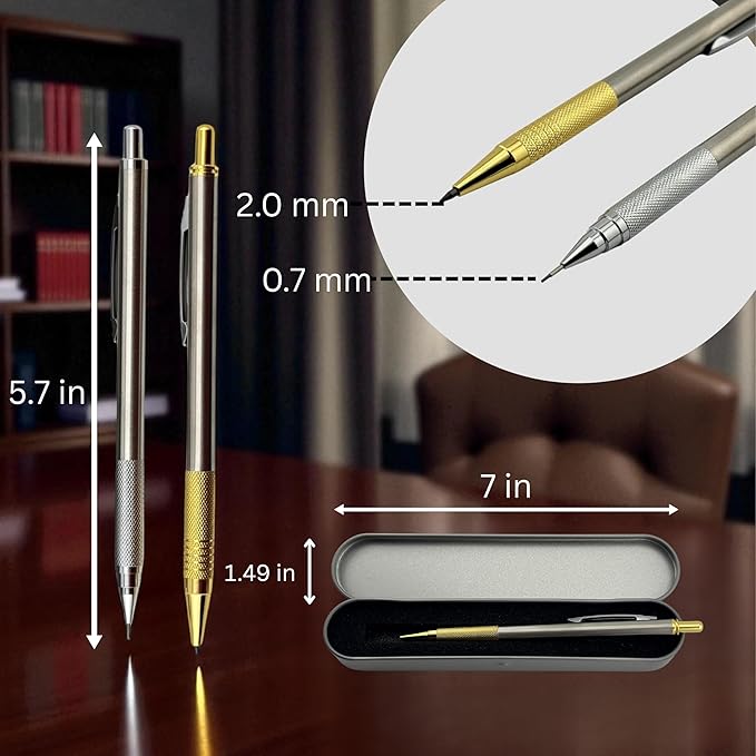 Custom Engraved Mechanical Pencil Set – Personalized 0.7mm & 2.0mm Refillable Drafting Tools – Gift for Architects, Engineers, Students, Designers, Graduation (Chrome w/ Gold Trim Pencil Engraved)