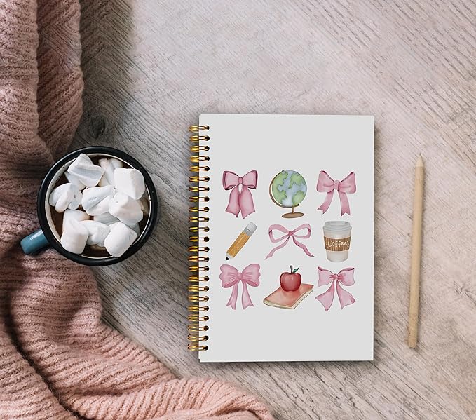 Teacher Notebook, Coquette Pink Bow Notebook Journal, Teacher Gifts for Women, Preppy Notebook Journal for Note Taking Work, Girly Notebook, Pink Spiral Notebook 5.5x8.3 Inch