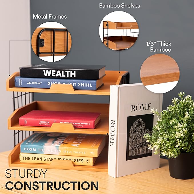 Wood Inbox Tray - Sturdy 3 Tier Letter Tray Desk Organizer, 1/3" Thick Wooden Shelves Paper Tray With Metal Frame (Assembled, Golden)