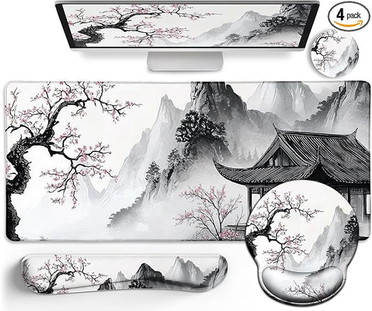 Japanese Ergonomic Mouse Pad Large Desk Mat Set, XXL Anime Mousepad with Wrist Rest, Wrist Support Gaming Keyboard Mat Cup Coaster Set, Japanese Style Office Desk Accessories Decor