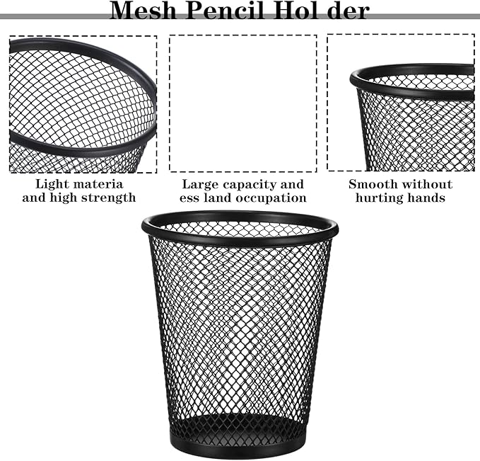 12 PCS Mesh Pen Cup, Metal Pencil Holder, Pen Holder Cup ,Pencil Cup, Round Office Classroom Pen Organizer Cup, for Students Kids Adult (Black)