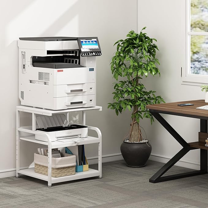 Printer Stand, 25.6" x 23.6" x 30.9" Extra Large Printer Table with Adjustable Storage Shelf, 3 Tier Rolling Printer Cart with Industrial Wheels for Home Office, White