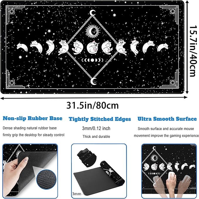 Black Desk Mat Cute Cats Mouse Pad XXL, Funny Gaming Desk Pad, Cute Desktop Mat for Keyboard and Mouse, Extra Large Full Desk Computer Pads, Kawaii Stars Horoscope Desk Decor 31.5" x 15.7"