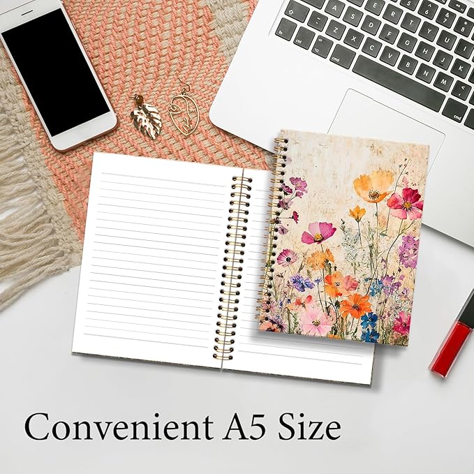 Vintage Floral Notebook Journal 5.5x8.3in, Cottagecore Wildflower Botanical Journal for Writing, Retro Floral Notebooks for Note Taking, Aesthetic Hardcover Spiral Notebook