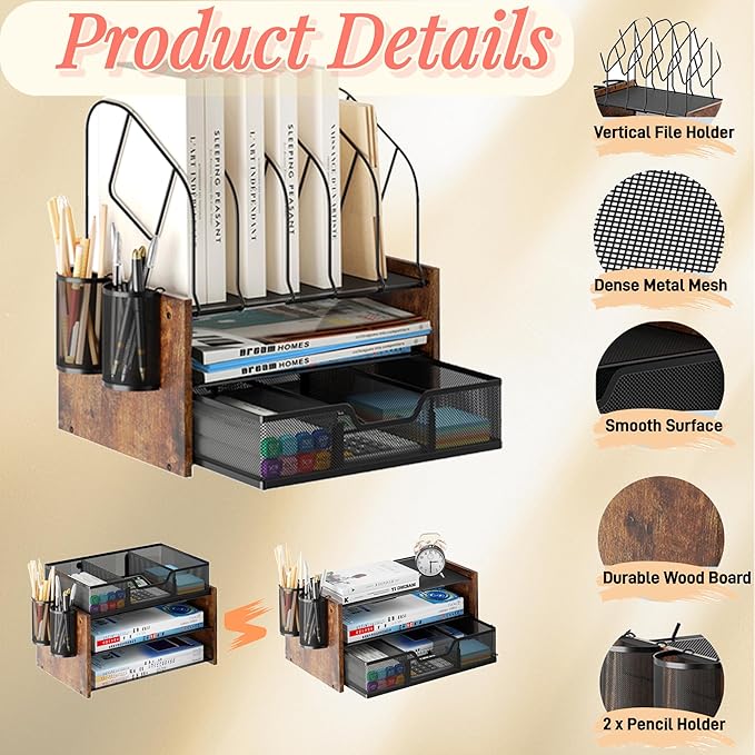 Wood Desk Organizer - 2-Tier Desktop File Organizer with Drawer with Vertical File Holder, Wooden Paper Tray, Office Desk Organzier and Accessories for Papers, Mail, Notebooks, Stationery