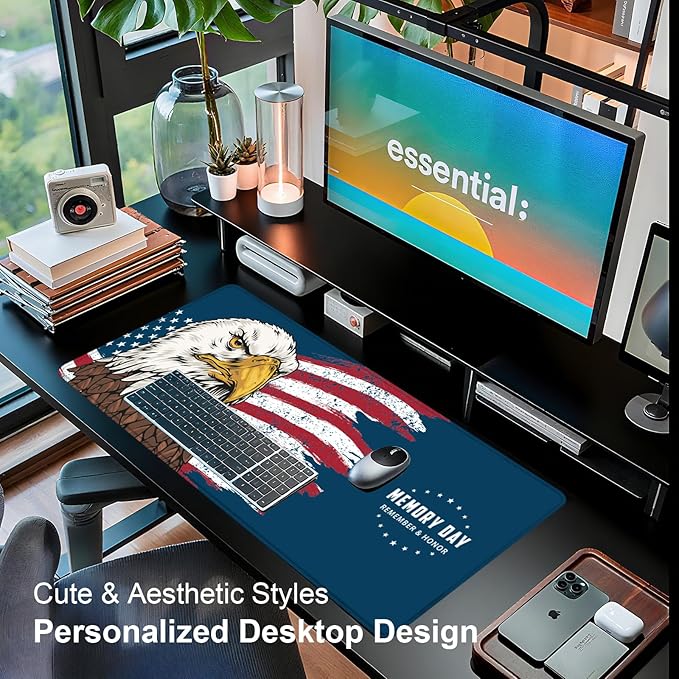 Large Desk Mat, Desk Matt for Desktop, Computer Gaming Mouse Pads, Anti-Slip Rubber Base, Stitched Edges Soft Mat for Desktop Office Home 31.5 x 11.8 Inches (American Memory Day)