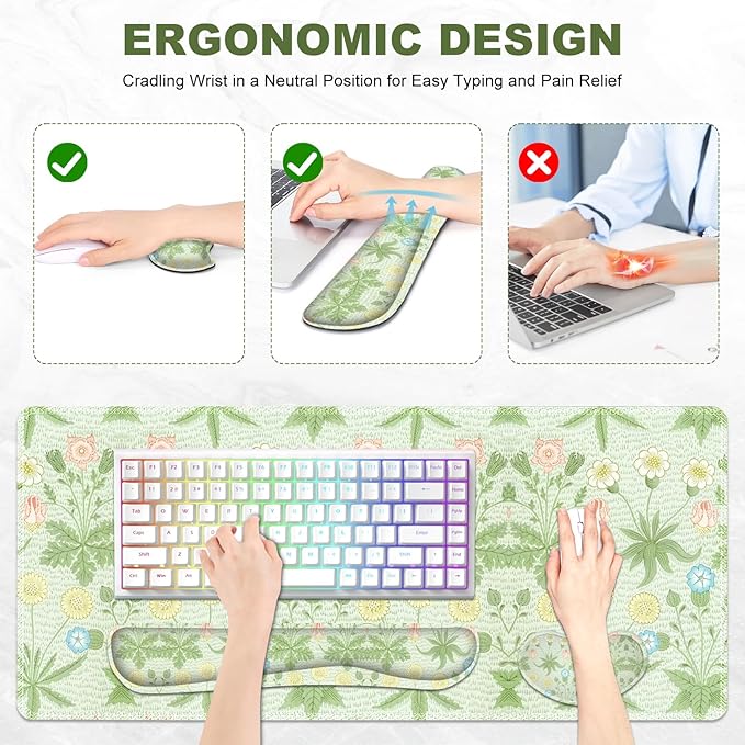 Large Mouse Pad and Keyboard Wrist Rest, Extended Mouse Pad with Wrist Support, Non-Slip Desk Mat, Desk Blotter Protector Pad for Home Office, Green Flowers Plants