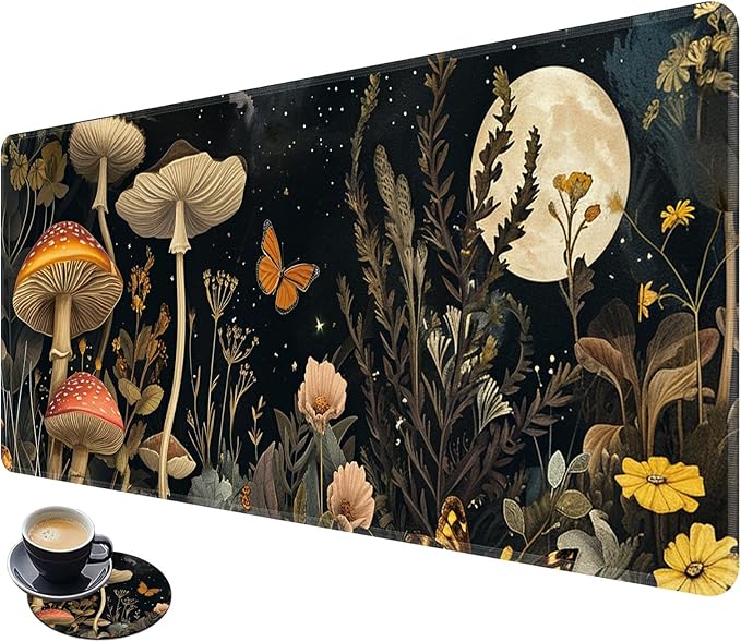 Desk Mat Large Gaming Mouse Pad (31.5x11.8 inch) with Stitched Edges, XL Mouse Pad +Coaster, Extended Mouse Mat Keybroad Mousepad Non-Slip Rubber for Gamer Men Women, Autumn Mushrooms Moon