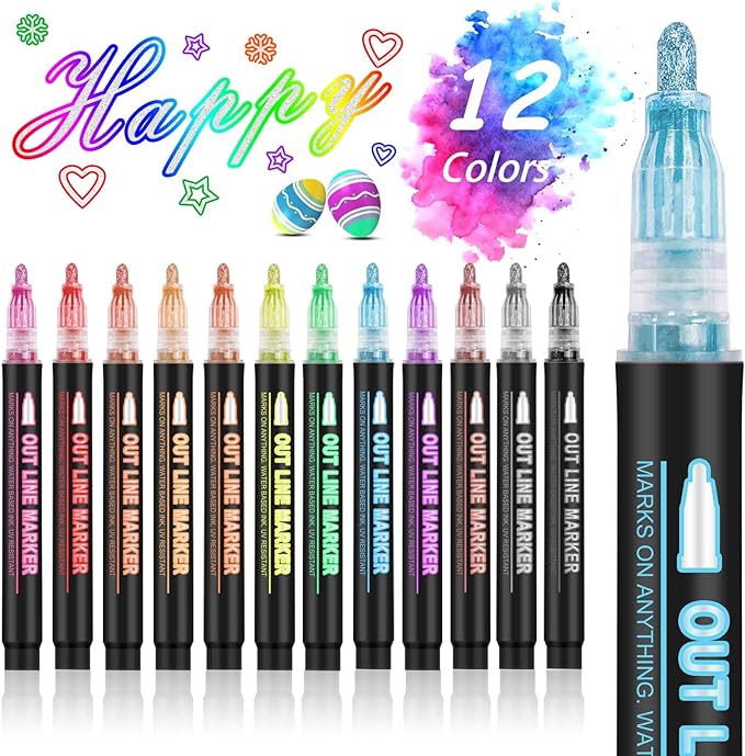 Hoxida Outline Marker Self-outline Metallic Markers, 12 Colors Double Line Outline Markers, Super Squiggles Shimmer Glitter Pen Set for Christmas Greeting Card, Kid Drawing, Doodling,DIY Art Crafts