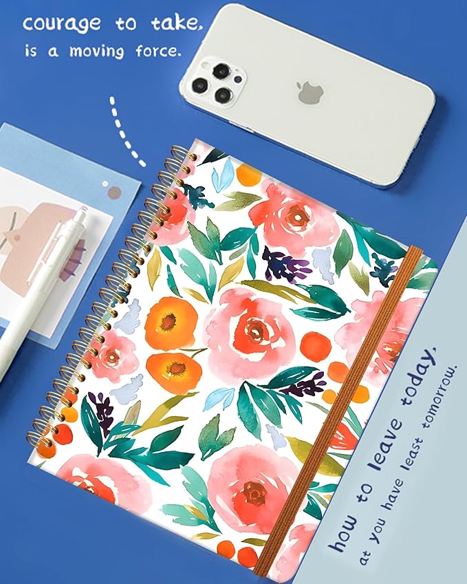 Ruled Spiral Writing Notebook,A5 Hardcover Lined College Journal for Women,Strong Twin-Wire Binding with Premium Paper,8.4" X 6",Perfect for School,Office,Home(Pink Flowers)