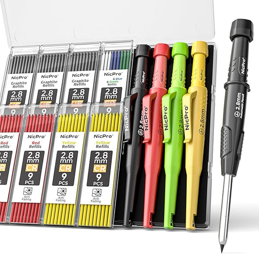 Nicpro 4 Pack CP3000 Carpenter Pencils with Sharpener, Mechanical Pencil Set with 76 Refills, Heavy Duty Construction Pencil, Carpenter Tools for Working Architect Marking (Red, Black, Yellow, Green)