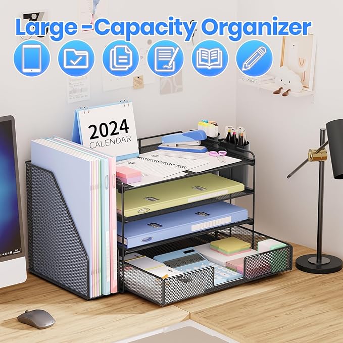 Desk Organizer and Accessories, 4-Tier Desktop File Organizer with Drawer and 2 Pen Holders, Office Desk Accessories, Workspace Organizers for Office Supplies(Black)