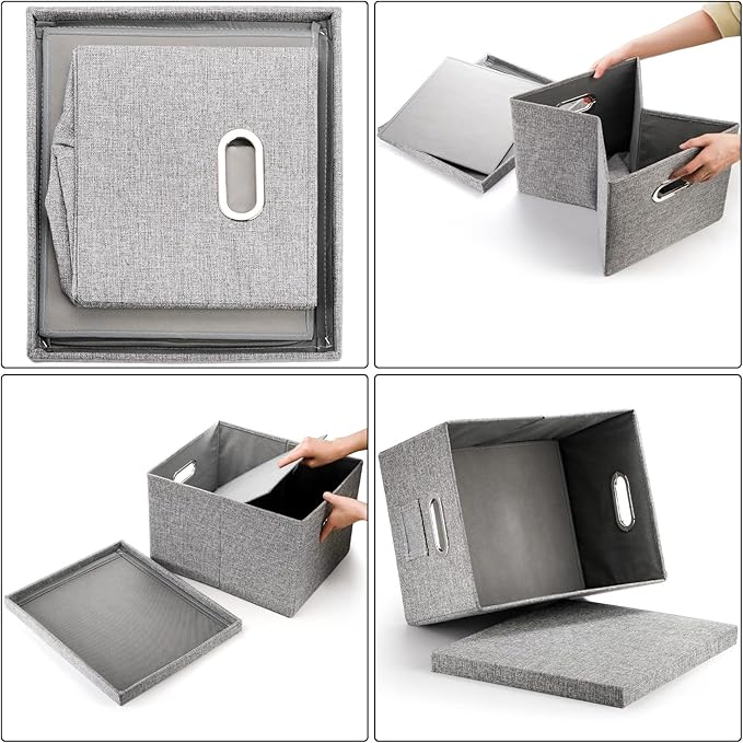 Hedume Set of 2 File Organizer Box, Collapsible Linen Filing Cabinets, Decorative Linen Filing Storage Hanging File Folders with Lids and Durable MDF Board, Space Saving File Folder Storage