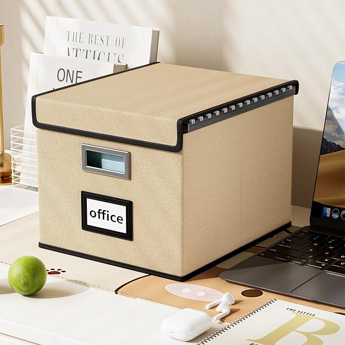 Huolewa File Organizer Box with Lid, Collapsible File Folder Organizer for Office Document Storage, Filing Box with Plastic Slide for Letter/Legal Size Hanging Files (Brown)