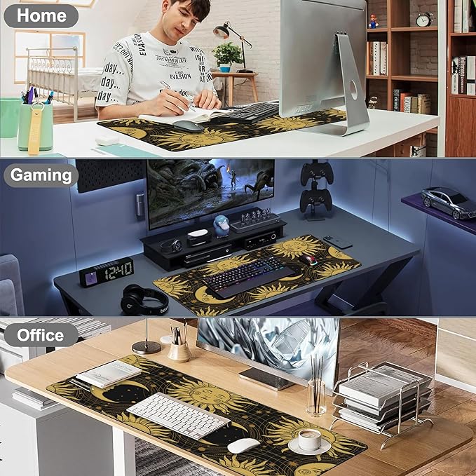 Mouse Pad, Large Golden Sun and Crescent Desk Mat, Extended Non-Slip Gaming Keyboard Mousepad Desk Pad, Thick Stitched Edges Waterproof Mouse Mat 31.5"x15.7" (Sun and Moon)