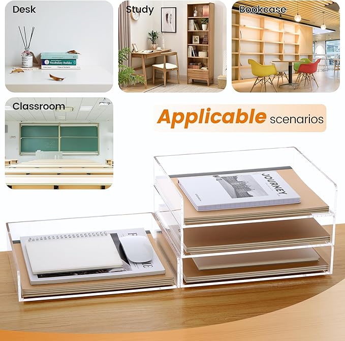 Acrylic Paper Tray, 4 Tier Paper Organizer for Desk, Clear Acrylic Desk Organizers, Stackable Letter Tray Workspace oaganzier -Art Storage for School Classroom -4 Pack…