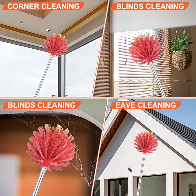 TOXYMHO Cobweb Duster with Extension Pole, 59" Adjustable Stainless Steel Pole, Washable Duster with Medium-Stiff Bristles for Ceiling Fan, High Ceilings, Blinds, Furniture, Kitchen, and Home Cleaning