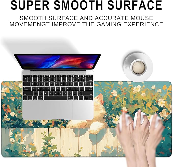 Gaming Mouse Pad, Cute Happy Cat with Flower Large Desk Mat for Keyboard and Mouse,Non-Slip Rubber Base and Stitched Edges Desk Pad for Home Office 35.4x15.7in