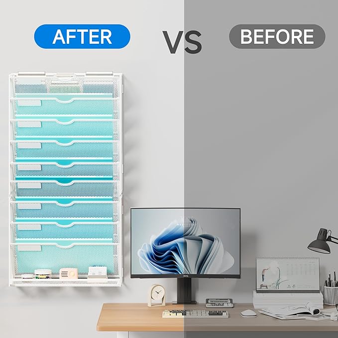 Lavatino 10-Tier Hanging Wall File Folders Organizer - White Metal Mesh Paper Magazine Document Mail Holder File Organizer for Office School Home Wall Mount or Desk Supplies Organization