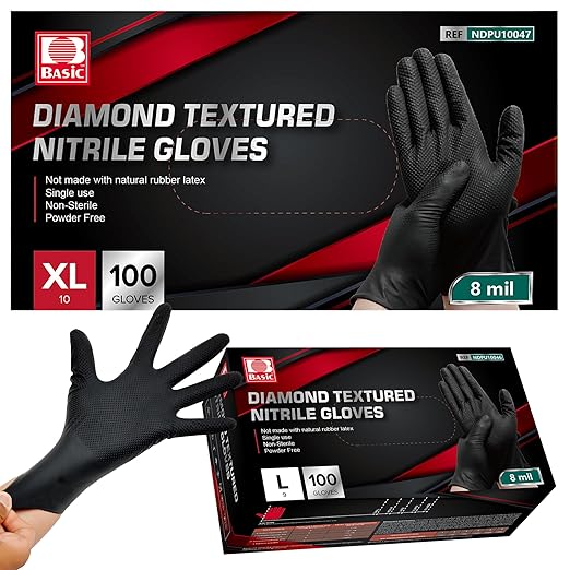 Jointown Basic Heavy Duty Nitrile Gloves, Mechanic Gloves 8 Mil Nitrile Disposable, with Raised Diamond Texture, Case of 100, Black, XLarge