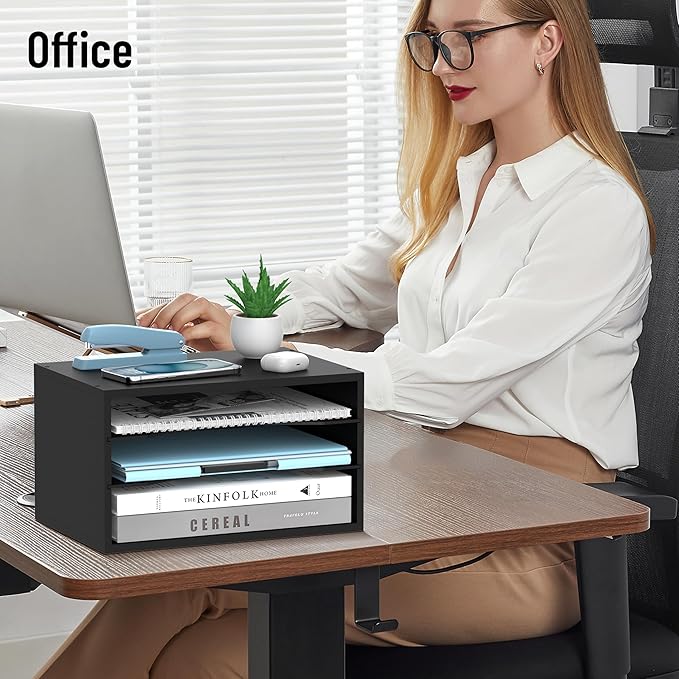 Wood Desk Organizer, 3 Tier Paper Tray Organizer for Desk with Adjustable Storage Shelves, Desktop Paper Sorter Mail Holder for Office Home Classroom, Black