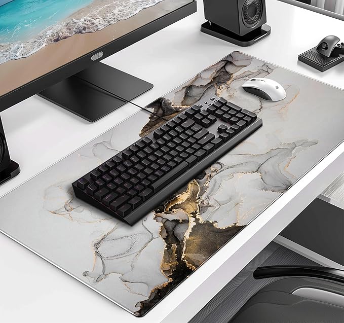 Large Extended Gaming Mouse Pad with Stitched Edges, Non-Slip Waterproof Rubber Base Mouse Pad for Office, Computer, Keyboard, Laptop and Home Desk Pad 35.4 x 15.7 x 0.12 Inch (Marbling)