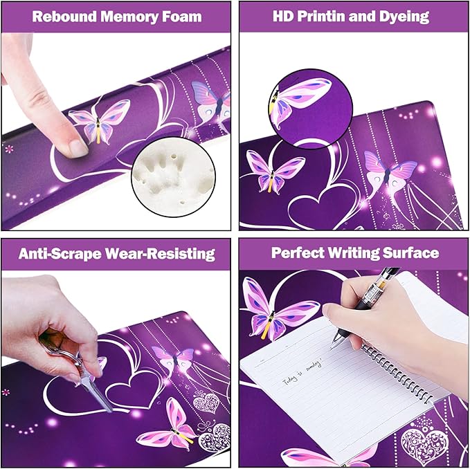 ARTSO Large Gaming Mouse Pad, Keyboard Wrist Rest Pad & Wrist Support Mousepad Set, Stitched Edge, Extended, Non-Slip Base, Memory Foam Desk Mat for Office, Home, Purple Heart Butterfly