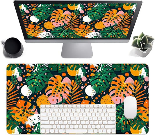 Tropical Leaves Large Mousepad 31.5 x 15.7 inch, XXL Waterproof Desk Mat Gaming Mouse Pad, Aesthetic Flowers Desktop Mat, Laptop Pad, Computer Writing Mat for Home Office Desk Decor