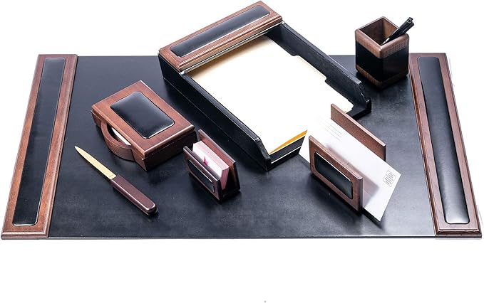Dacasso Wood & Leather Desk Set - Luxury Leather Desk Pad & Desk Organization Essentials (Walnut and Black, 7 Piece)