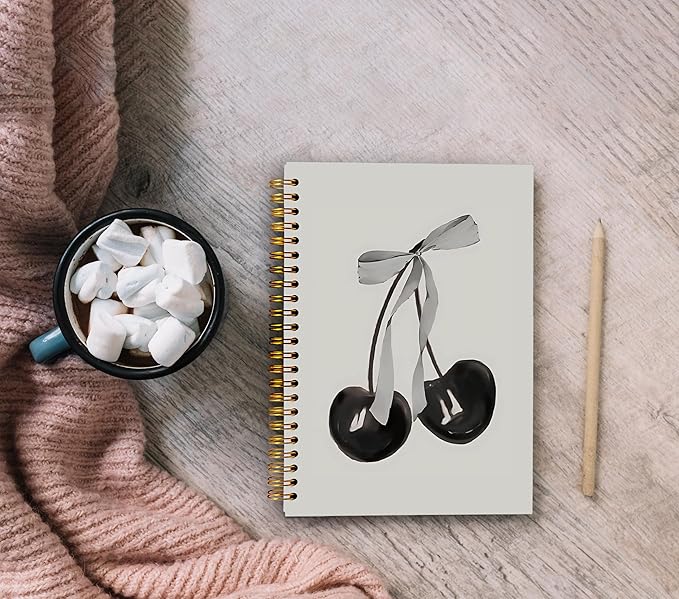 Coquette Black Bow Notebook Journal, Preppy Cherry Journal Notebook for Note Taking Work, Preppy Gifts For Women, Black Office Supplies, Spiral Notebook 5.5x8.3 Inch