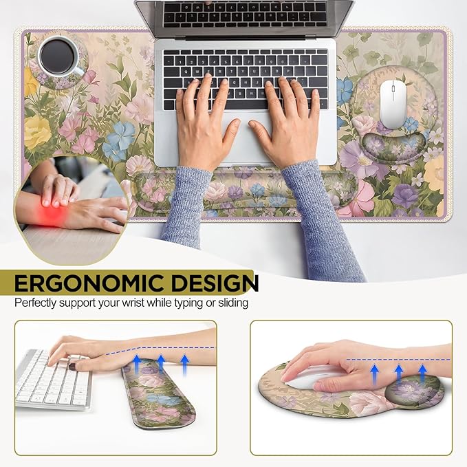 AIMSA Large Gaming Mouse Pad, Keyboard Wrist Rest Pad, Wrist Support Mousepad Set, Extended Desk Pad Ergonomic Desk Mat for Home Office, Beautiful Flowers
