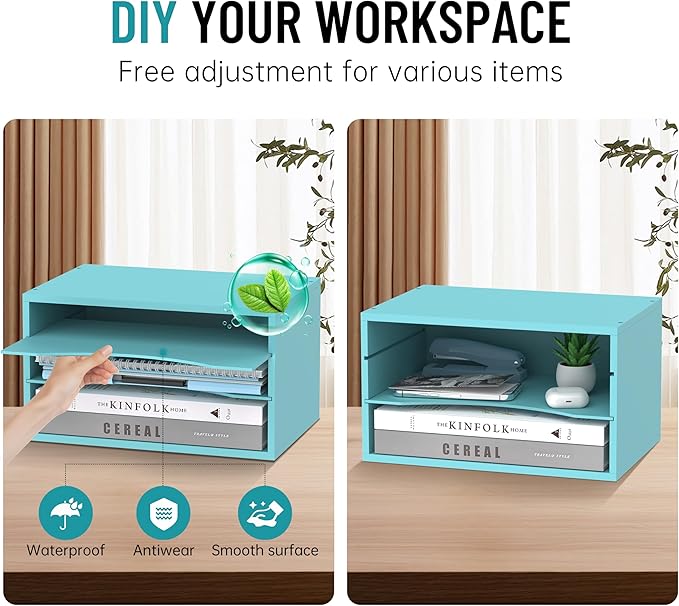 Wood Desk Organizer, 3 Tier Paper Tray Organizer for Desk with Adjustable Storage Shelves, Desktop Paper Sorter Mail Holder for Office Home Classroom, Blue