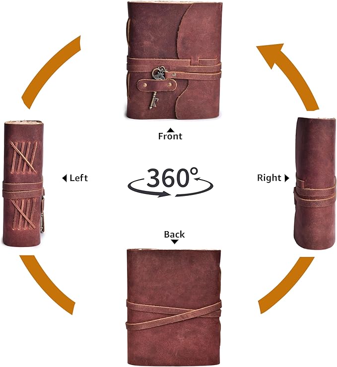 LEATHER VILLAGE Vintage Leather Journal – 200 Handmade Vintage Deckle Edge Paper – Leather bound Journal For Women Men – Vintage Key Closure - Book of Shadows - Red Brown - 10X7 inches