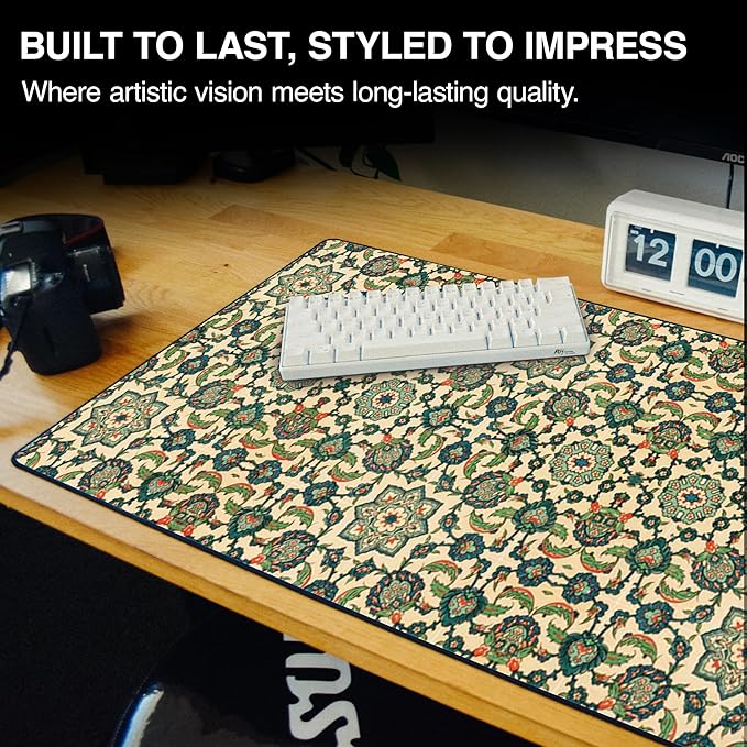MPCO. Arabic Textiles Large Gaming Desk Pad - 36" x 17" Aeroglyde Fabric Emerald-Garden Desk Mats - Non-Slip, Washable, Smooth Glide for Precision Gaming & Work