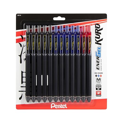 Pentel EnerGel Kuro Liquid Gel Pen, 0.7mm, Medium line, Assorted Ink, 12-Pk (BL437R1BP12M1)