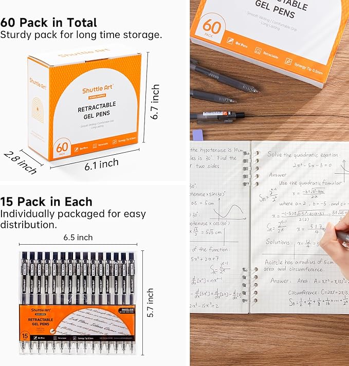 Shuttle Art Black Gel Pens, Ink Glide Series 60 Pack Retractable 0.5mm Fine Point Rollerball Gel Ink Pens Bulk Set Quick Drying Smooth Writing with Grip for Journaling Note Taking Office School Home