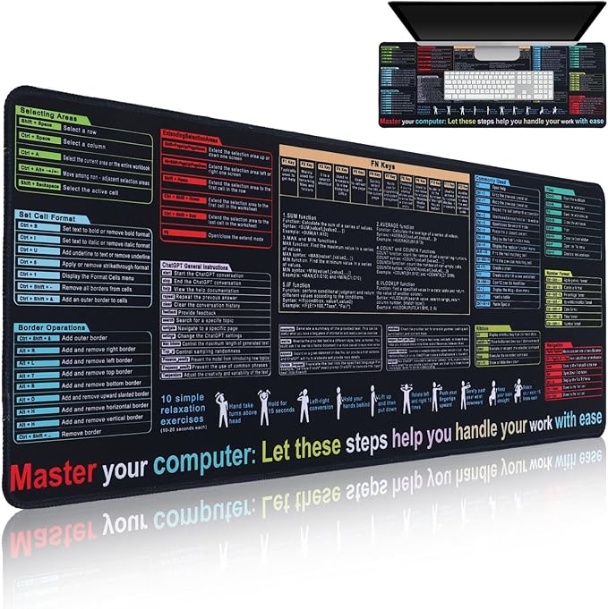 NUOBESTY Excel Cheat Sheet Desk Pad Large Keyboard Mouse Pad Non-Slip Gaming Keyboard Mat Office Computer Desk Mat with Function Modules 30x79 CM