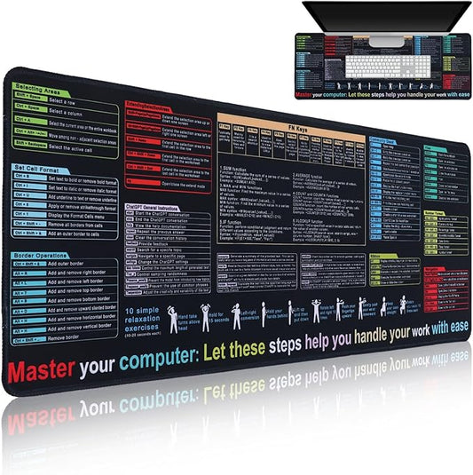 NUOBESTY Excel Cheat Sheet Desk Pad Large Keyboard Mouse Pad Non-Slip Gaming Keyboard Mat Office Computer Desk Mat with Function Modules 30x79 CM