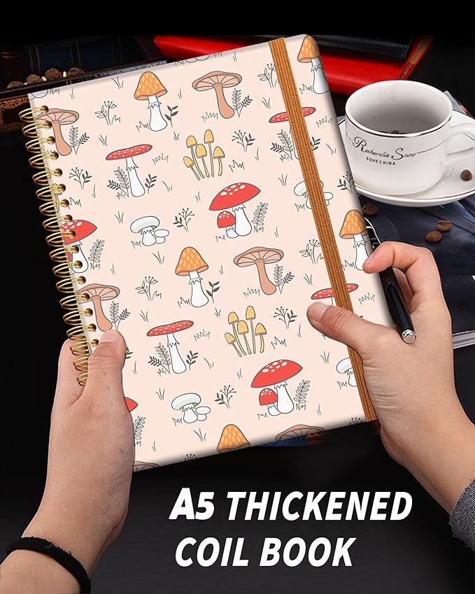 Ruled Spiral Writing Notebook,A5 Hardcover Lined College Journal for Women,Strong Twin-Wire Binding with Premium Paper,8.4" X 6",Perfect for School,Office,Home(Pink Mushroom)