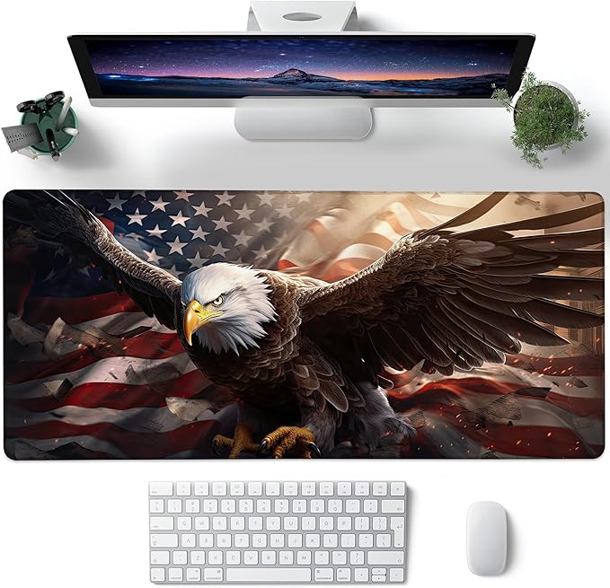 Desk Pad, American Flag and Bald Eagle XL Gaming Mouse Pad with Stitched Edges,Non-Slip Waterproof Rubber Base Large Desk Mat for Keyboard and Mouse 31.5"x11.8"