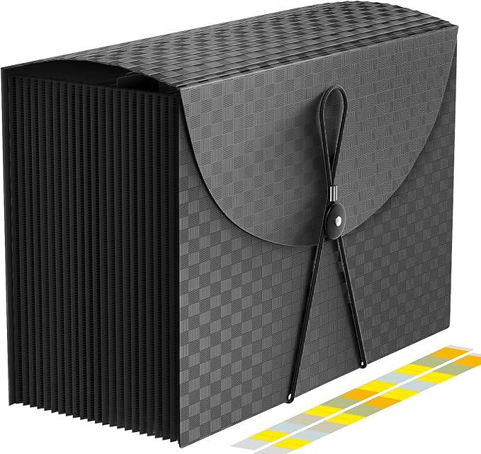 24 Pockets Accordion File Organizer,Document Organizer,Expanding File Folder Letter Size,Expandable Filing Box,Special Designed for Portable Use,Accordian Folders,Plastic (Grid Black)